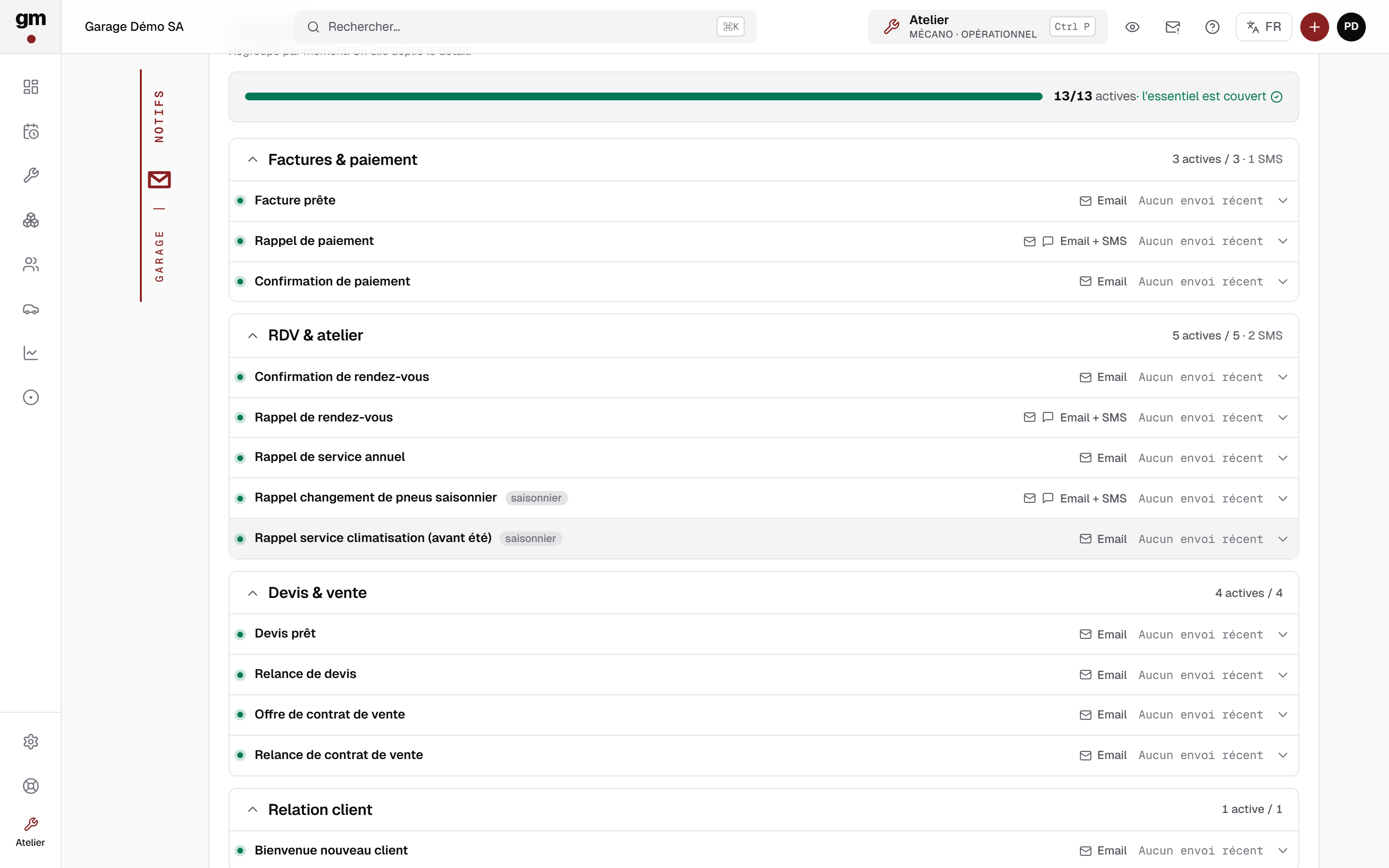 Configuration des relances GarageManager — rappels SMS et email regroupés par univers métier