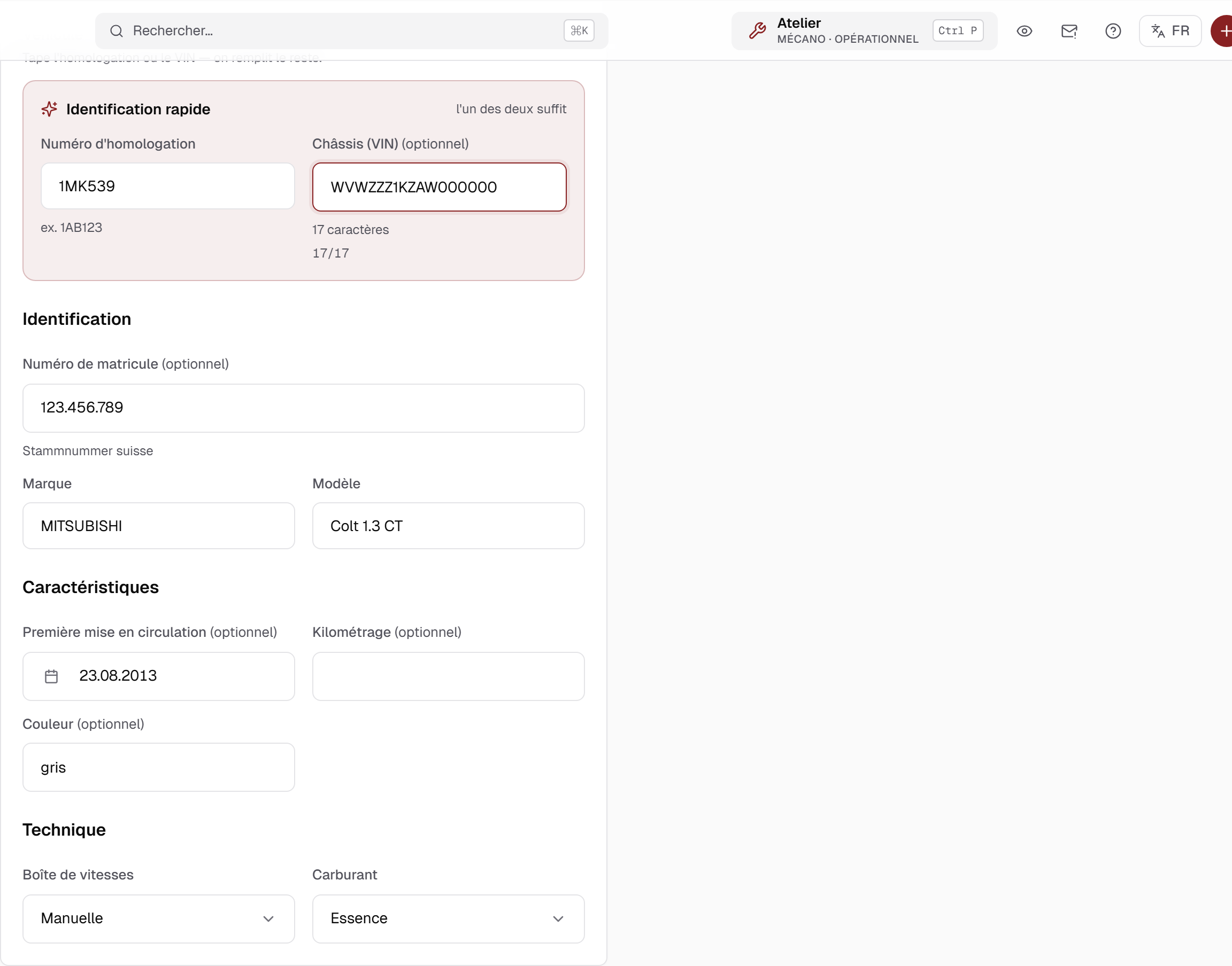 Ajout d un véhicule dans GarageManager — champs marque, modèle, VIN, matricule et réception par type remplis automatiquement après le scan